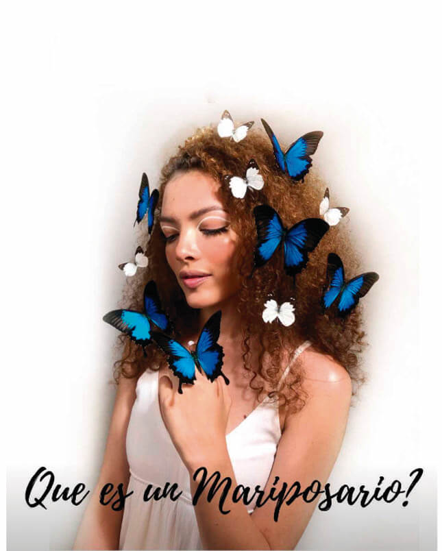 chica rodeada de mariposas azules