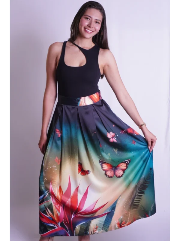 Falda multicolor mariposas naranjas (1) Falda multicolor mariposas naranjas
