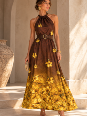 Vestido largo cuello halter Guayacan amarillo