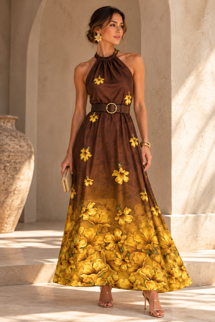 Vestido largo cuello halter Guayacan amarillo
