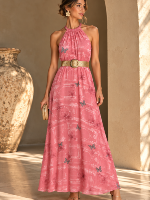 428FCD5A-A272-4256-A236-E75D8BFE63FB Vestido largo cuello halter Guayacan rosa