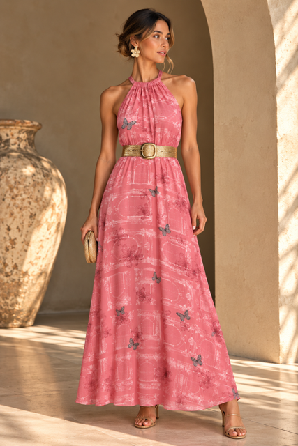 Vestido largo cuello halter Guayacan rosa