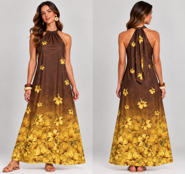 Vestido largo cuello halter Guayacan amarillo