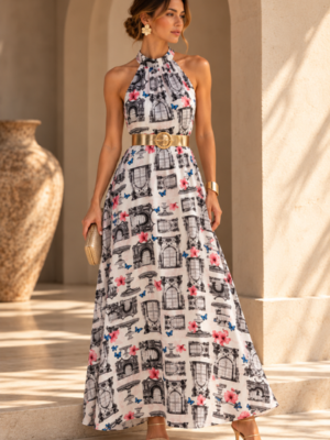 Vestido largo cuello halter Portones