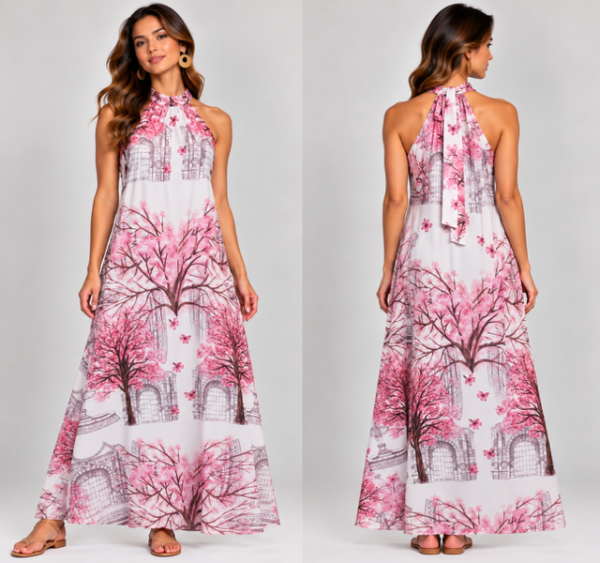 Vestido largo cuello halter Guayacan y portones