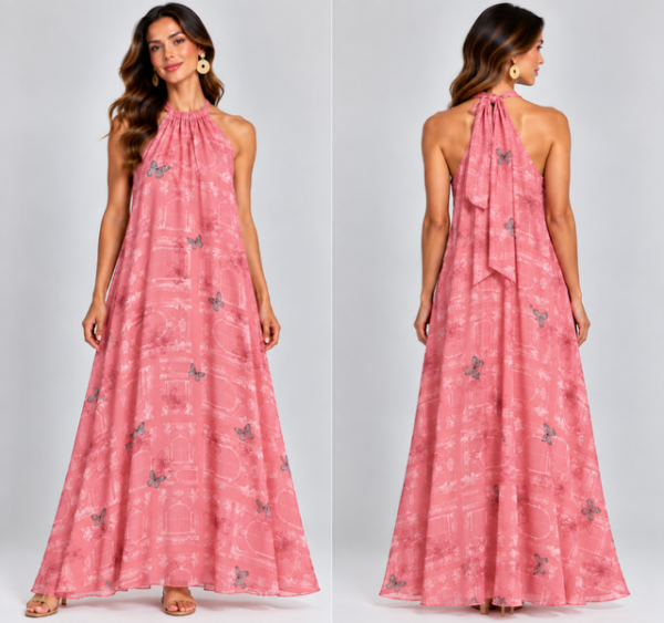 Vestido largo cuello halter Guayacan rosa