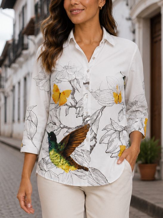 camisa primavera colibrí y mariposas